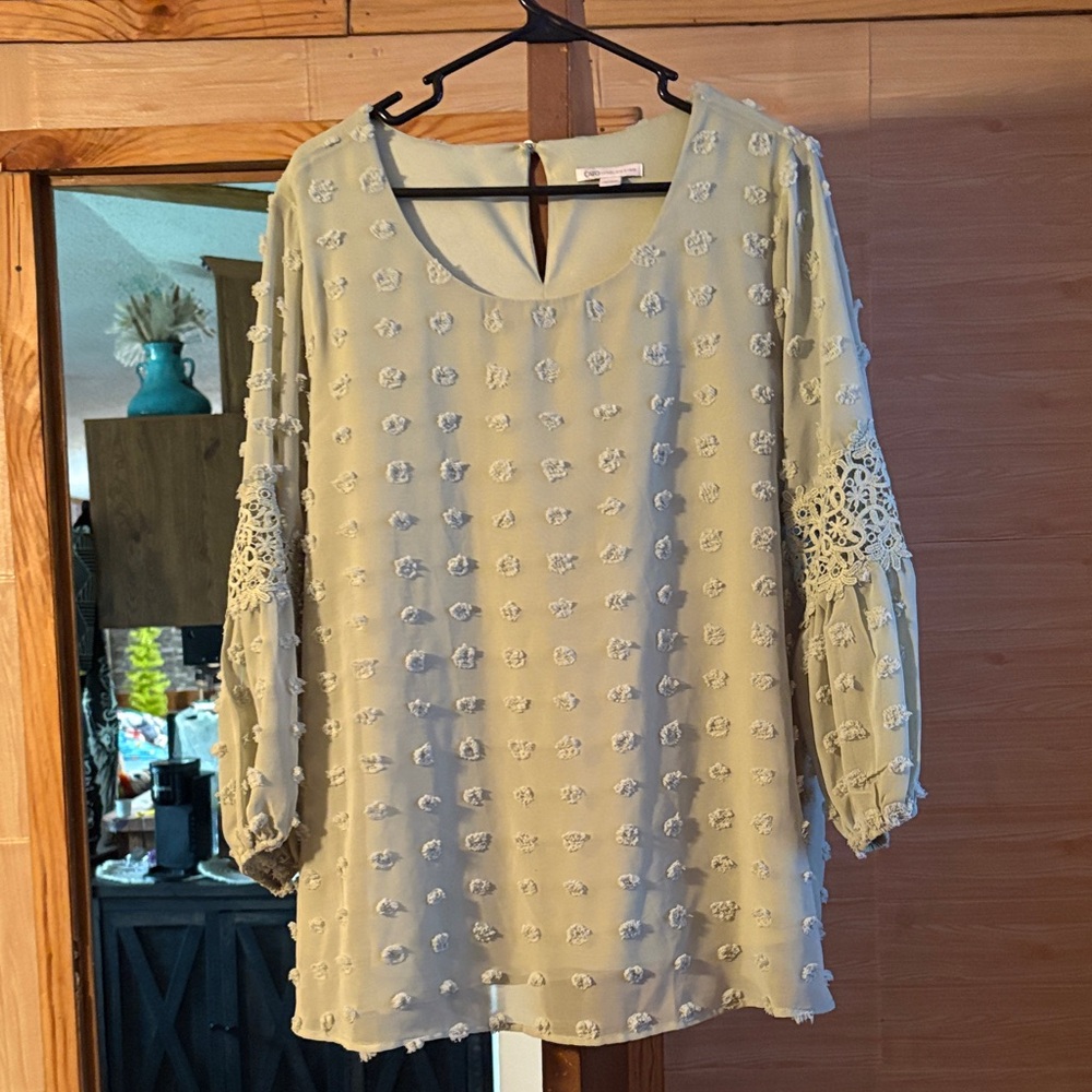Cato Light Green Textured Blouse with Lace Sleeves